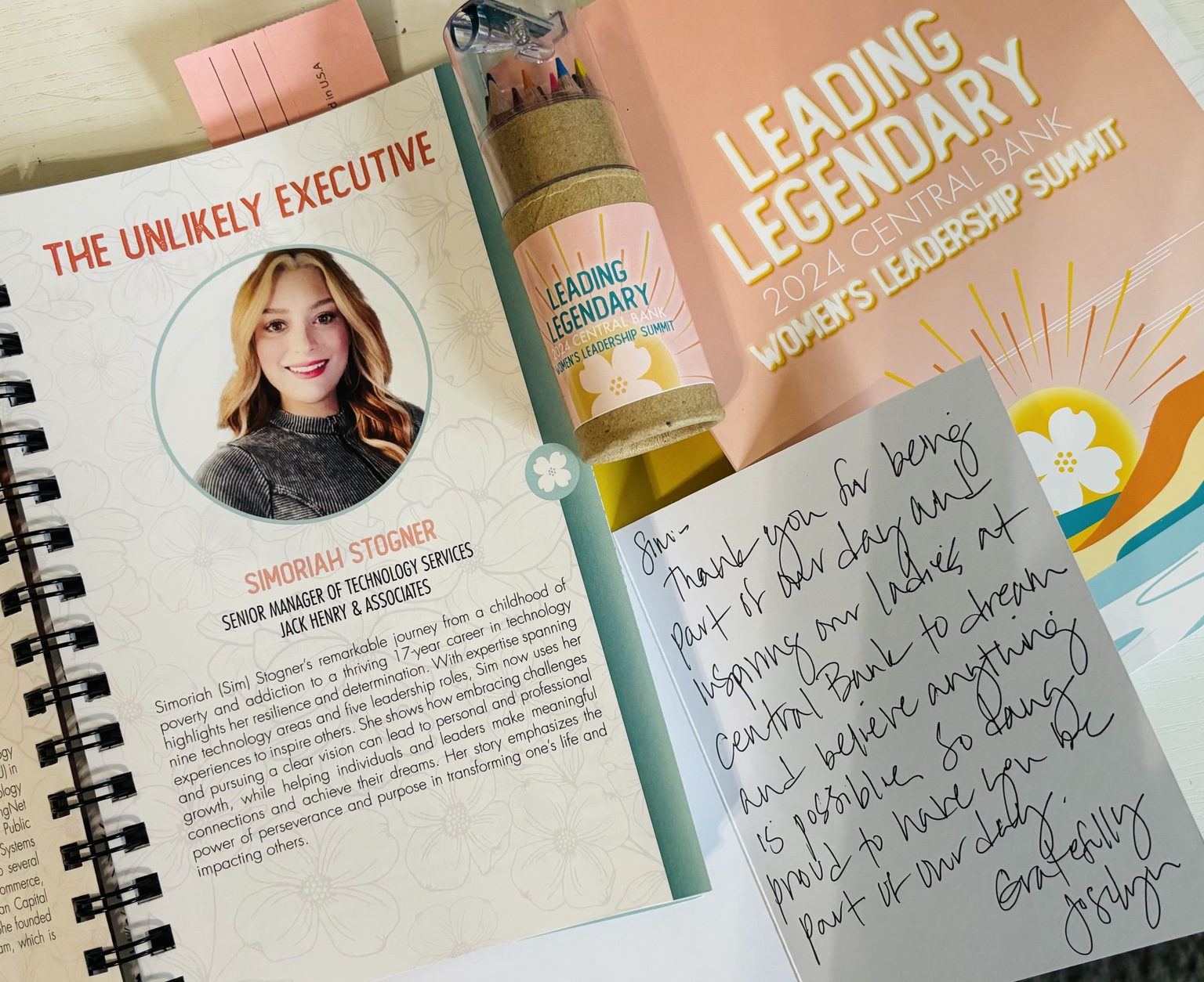 Leadership summit profile and handwritten message thanking Simoriah for inspiring someone to pursue her dreams